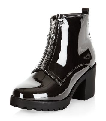 black patent zip front boots