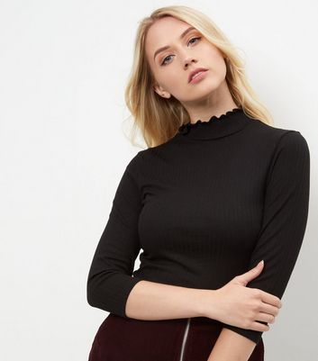 Black Frill Ribbed Turtle Neck Jumper | New Look