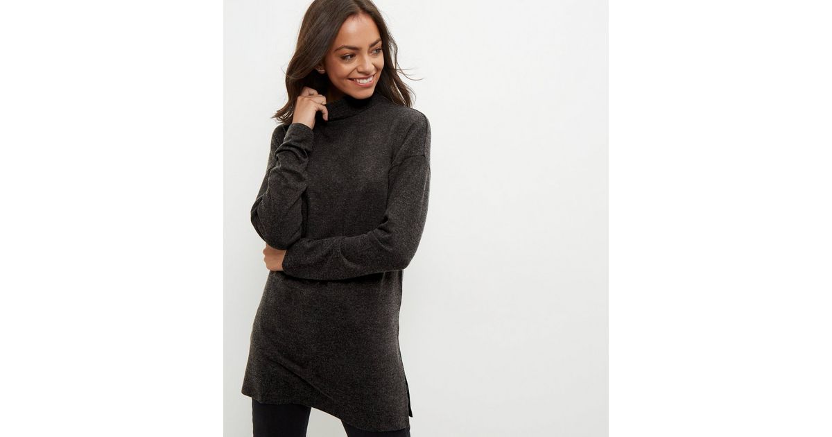 Dark Grey Brushed Funnel Neck Longline Jumper New Look