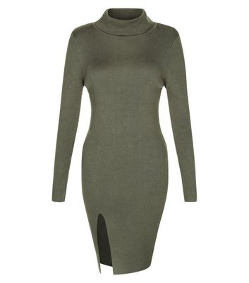 Petite Olive Green Ribbed Funnel Neck Side Split Dress New Look