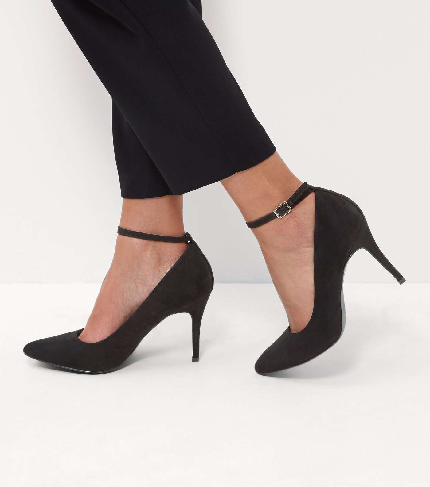 Black Comfort Suedette Pointed Ankle Strap Heels
