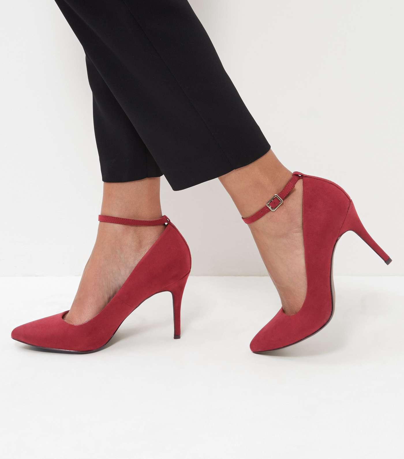 Red Comfort Suedette Pointed Ankle Strap Heels