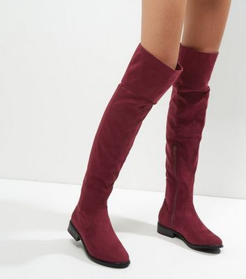 Burgundy Suedette Flat Over The Knee 