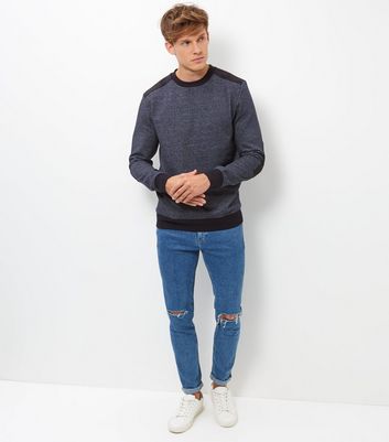 Black Suede Patch Crew Neck Sweater New Look