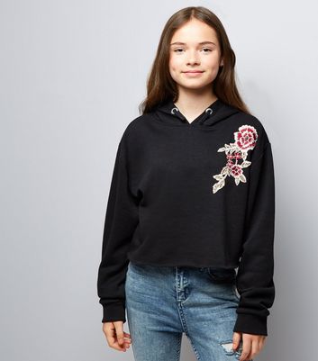 Girls Black Floral Raw Hem Crop Hoodie New Look