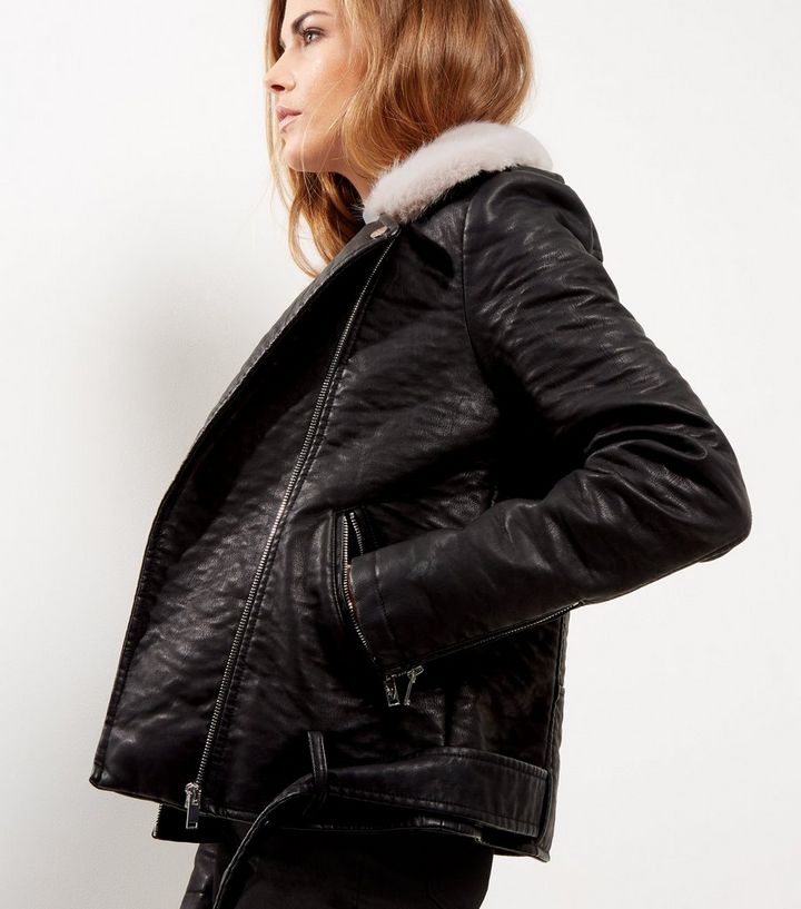 Black Leather Look Faux Fur Trim Biker Jacket Add To Saved Items Remove From