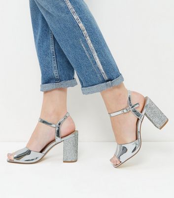 wide fit silver block heels