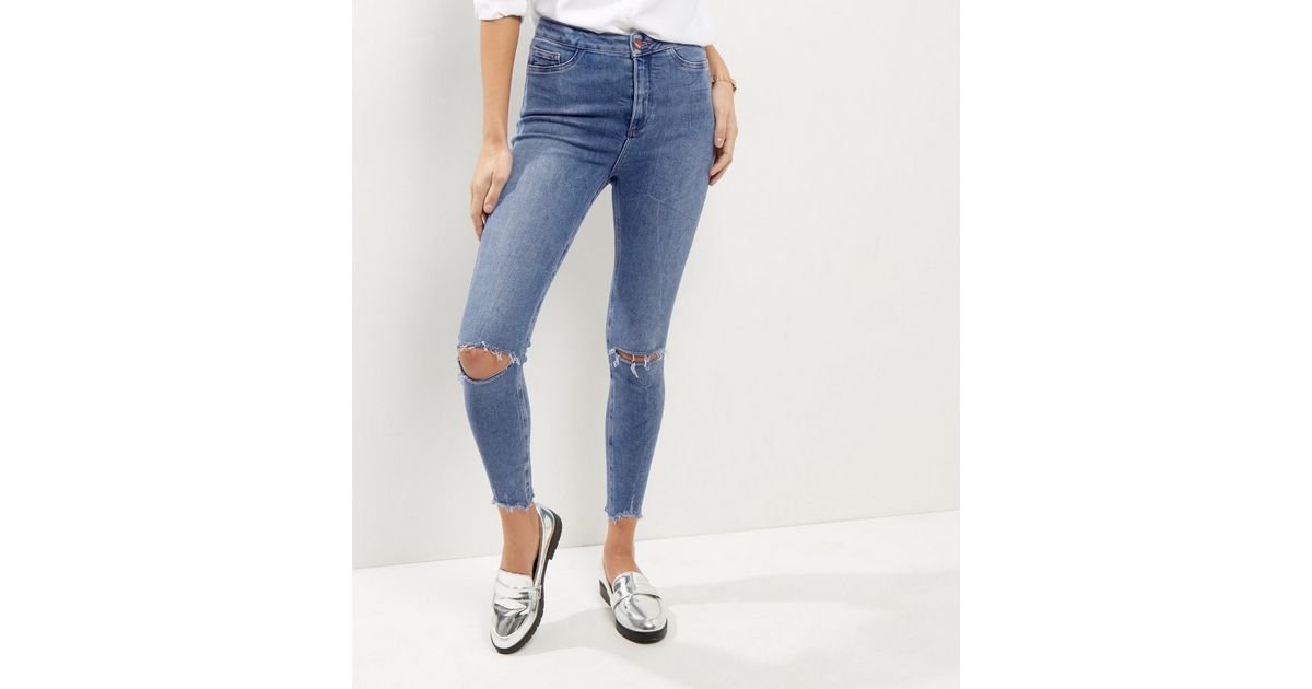 Blue Ripped Knee High Waist Skinny Hallie Jeans | New Look