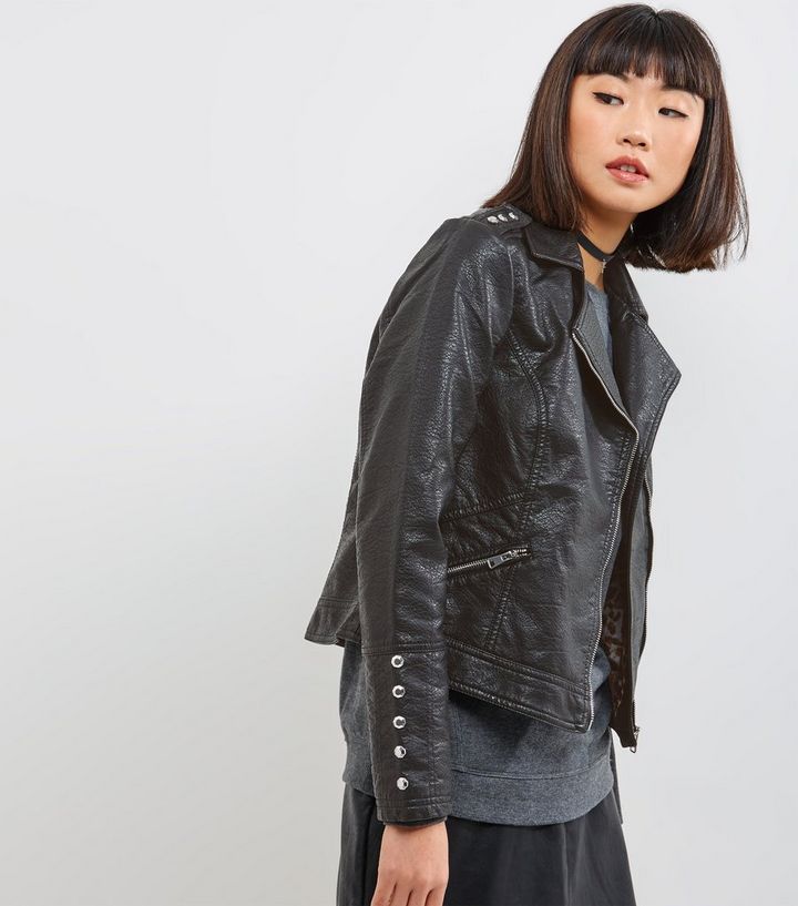 Black Leopard Print Lining Leather Look Biker Jacket Add To Saved Items Remove From