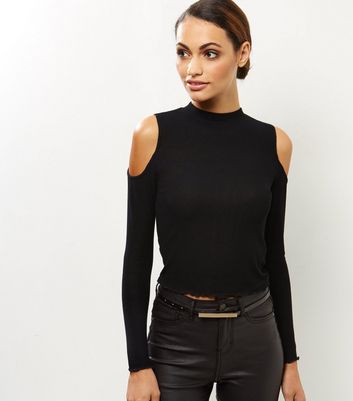 Black Ribbed Cold Shoulder Top New Look