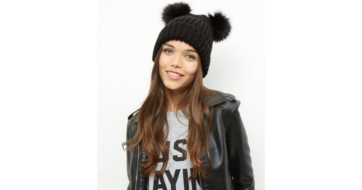 Black Double Faux Fur Pom Beanie Hat | New Look