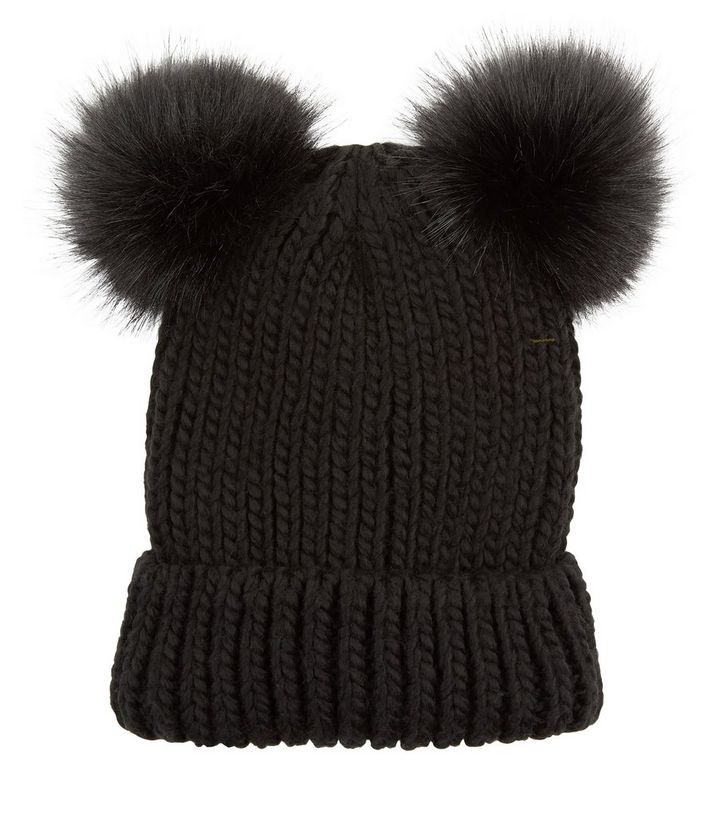 Black Double Faux Fur Pom Pom Beanie Hat New Look Black Double Faux Fur Pom Pom Beanie Hat New Look