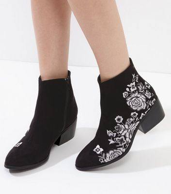 Black Embroidered Block Heel Ankle 