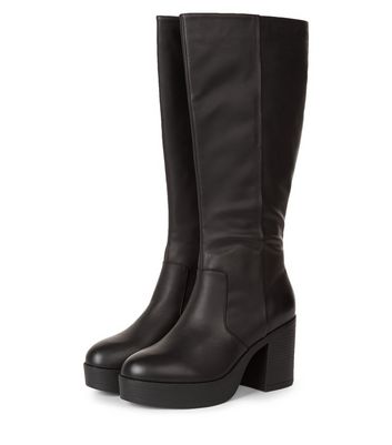 Black Chunky Platform Knee High Boots 