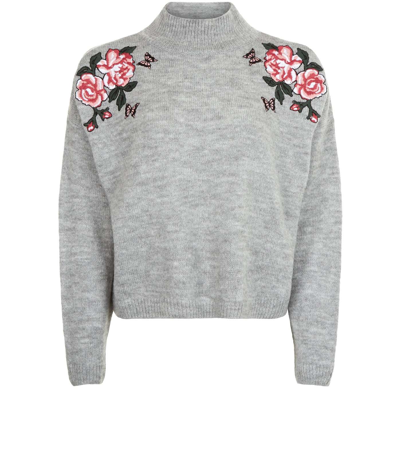 Pale Grey Floral Embroidered Funnel Neck Sweater  Image 4