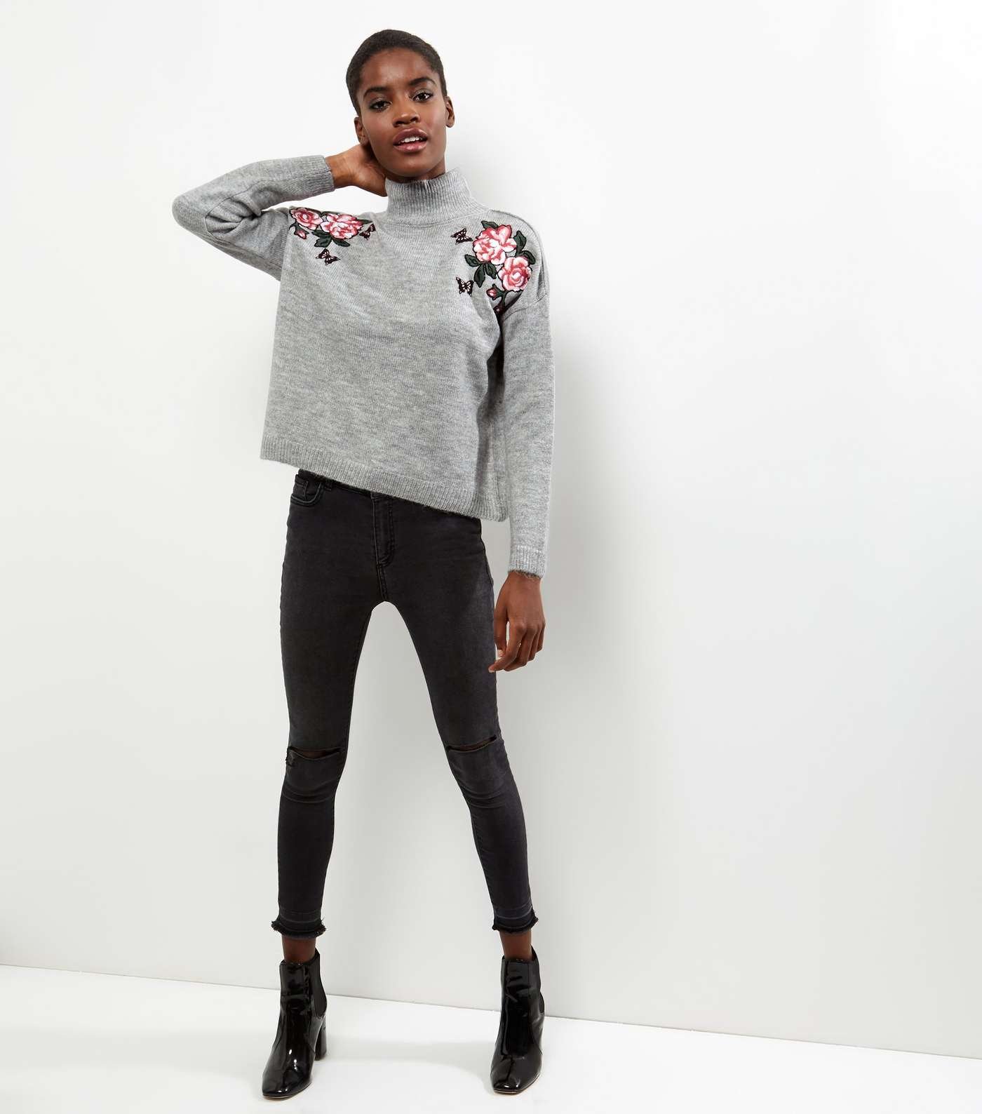 Pale Grey Floral Embroidered Funnel Neck Sweater  Image 2