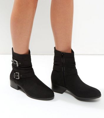 Wide Fit Black Buckle Strap Ankle Boots 