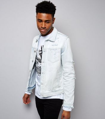mens light wash distressed denim jacket