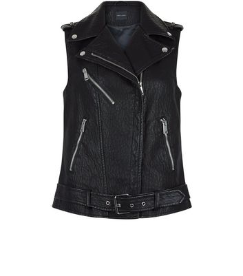 faux leather sleeveless biker jacket black