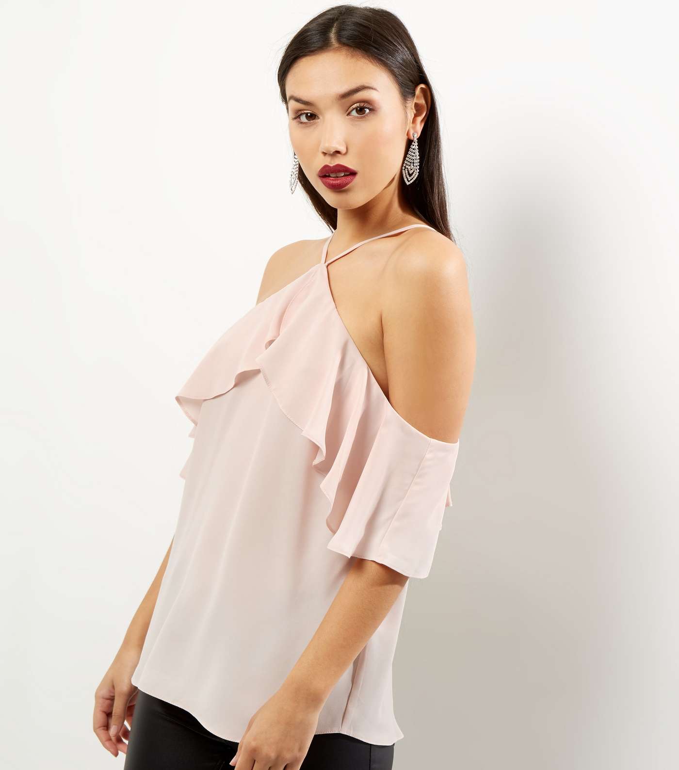 Shell Pink Top Shell Pink Halter Neck Frill Trim Top | New Look