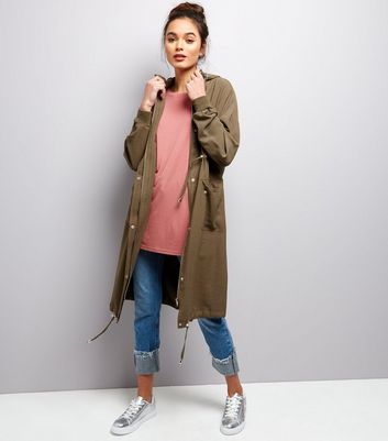 Khaki Hooded Drawstring Hem Longline Duster Coat New Look