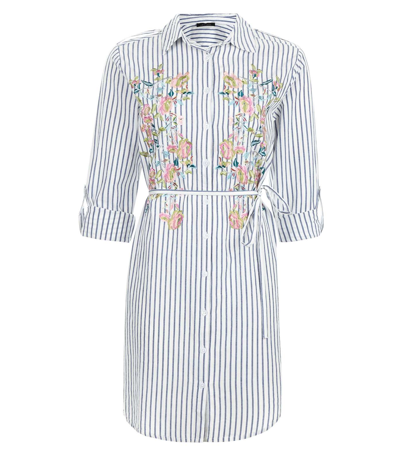 White Stripe Floral Embroidered Longline Shirt Image 4