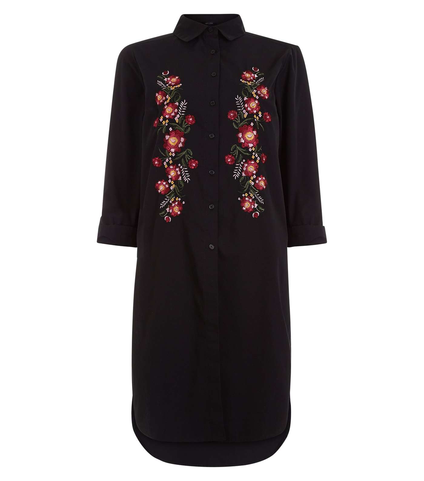 Black Floral Embroidered Shirt Dress Image 4
