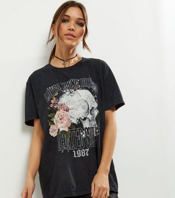 Black Floral Skull Print T-Shirt | New Look