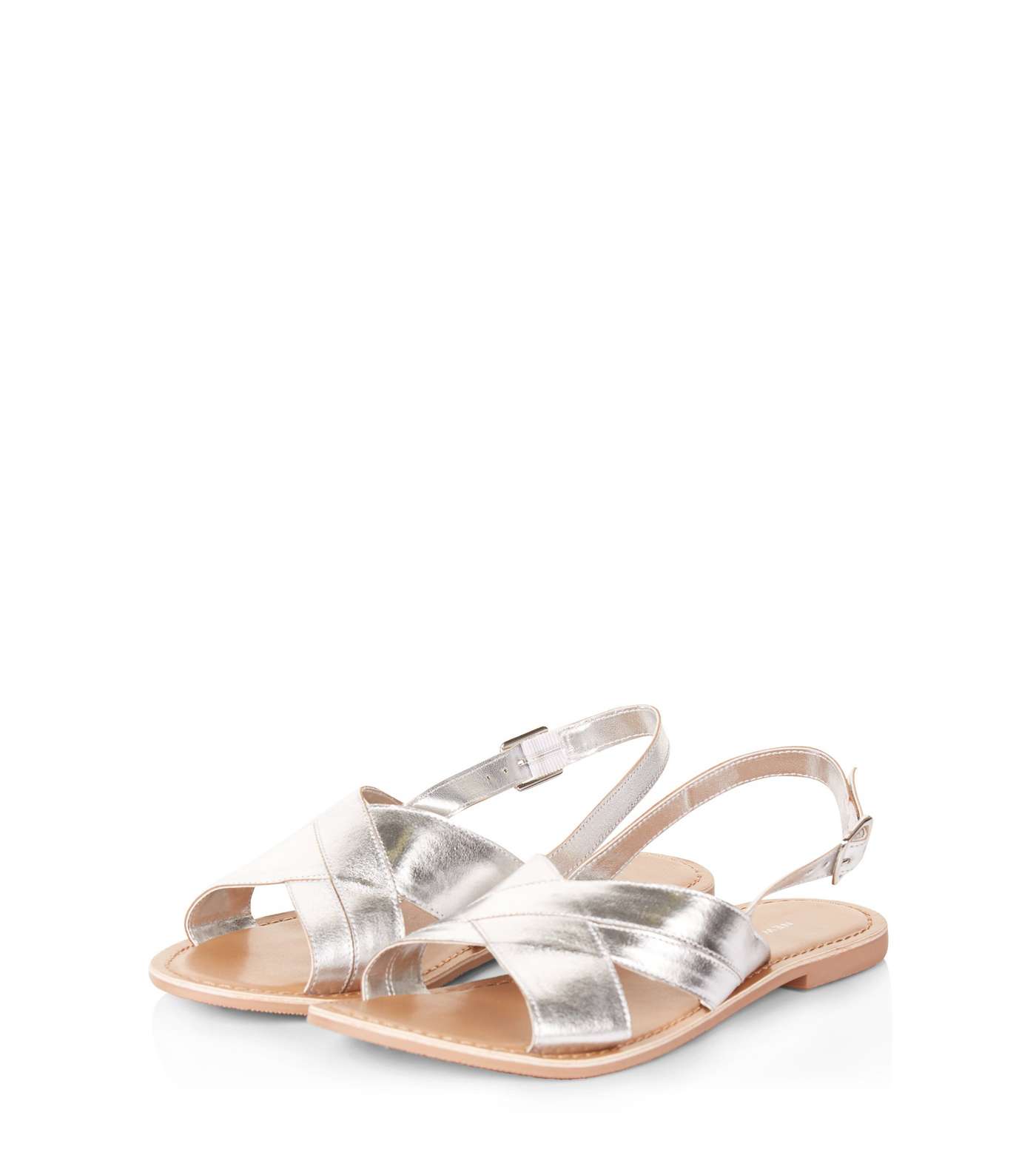 Silver Leather Cross Strap Slingback Sandals Image 3