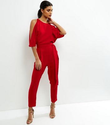 red cold shoulder jumpsuit