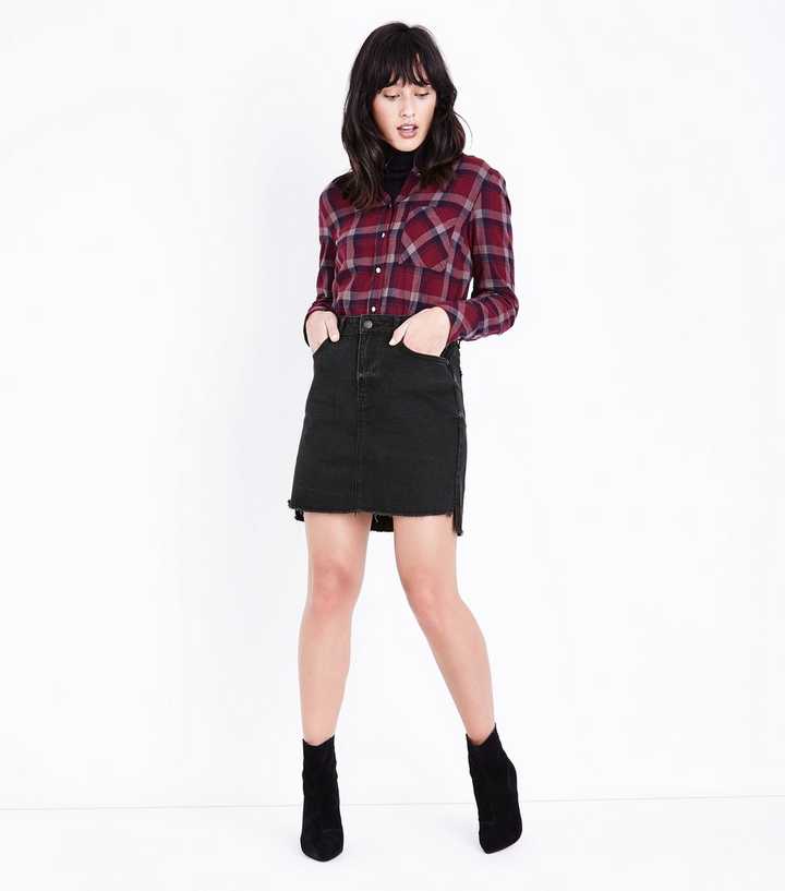 Black Fringed Hem Denim Skirt