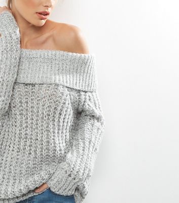 Grey Chunky Knit Bardot Jumper