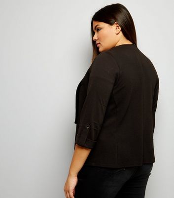 Curves Black Crepe Rolled Sleeve Waterfall Blazer New Look