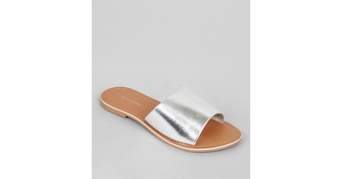 Silver Leather Sliders | New Look