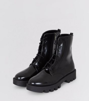 black patent lace up chunky ankle boots