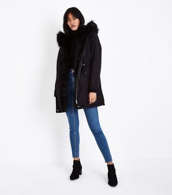 Black Faux Fur Lined Hooded Parka | New 