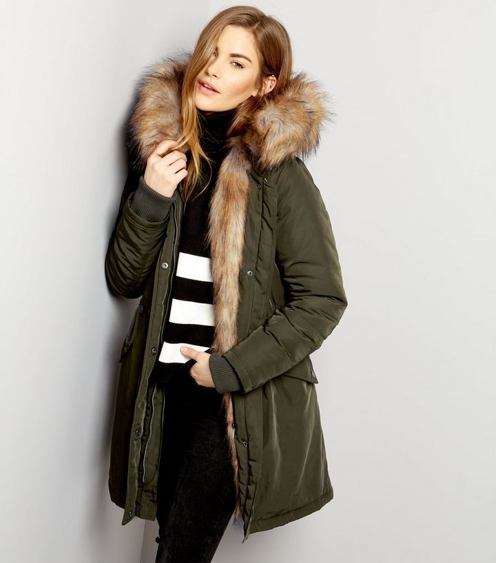 Khaki Faux Fur Lined Hooded Parka New, Fur Lined Hooded Coat Womens