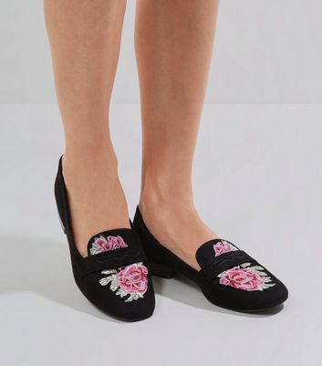 Black Floral Embroidered Loafers | New Look