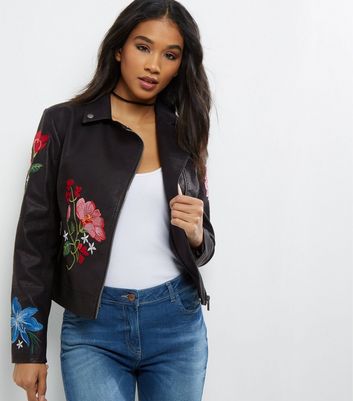 flower embroidered leather jacket