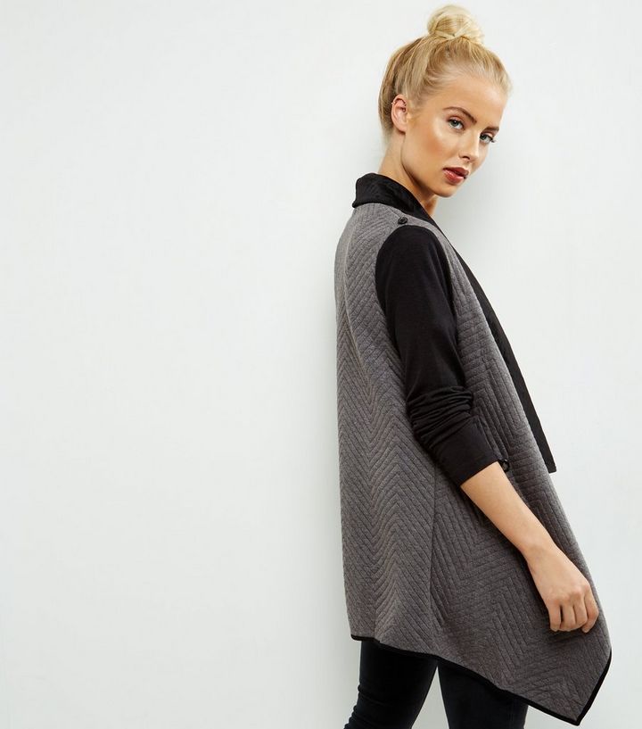 Apricot Grey Chevron Quilted Wrap Front Drape Cardigan New Look
