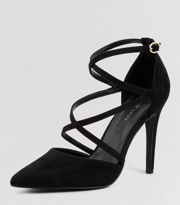 black pointed heels with strap