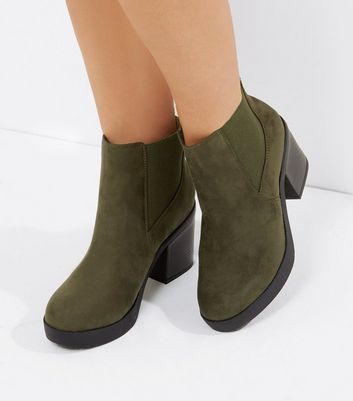 Wide Fit Khaki Suedette Heeled Boots 