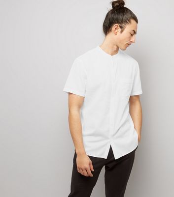 White Textured Short Sleeve Grandad Collar Shirt New Look