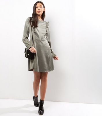 Khaki Sateen Frill Trim Skater Dress New Look
