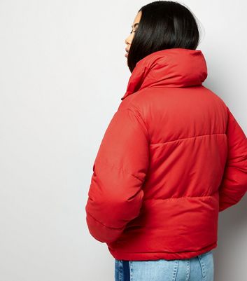 red puffer cropped jacket