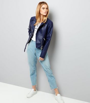 Navy Belted Leather-Look Cropped Biker Jacket New Look