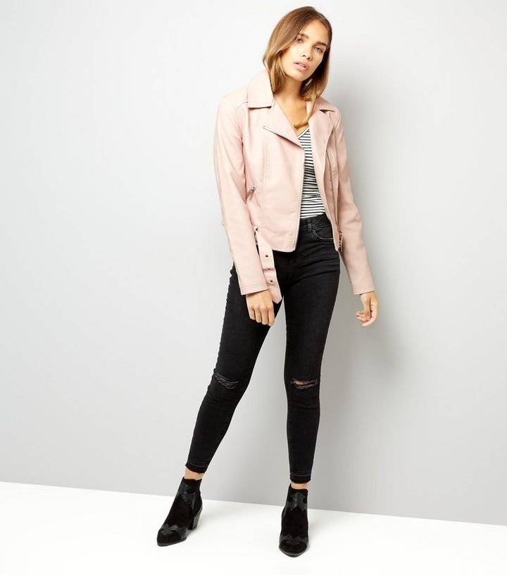 S Pink Leather Look Cropped Belted Biker Jacket New