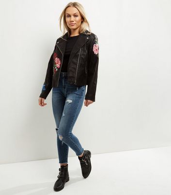 Petite Black Floral Embroidered Biker Jacket New Look