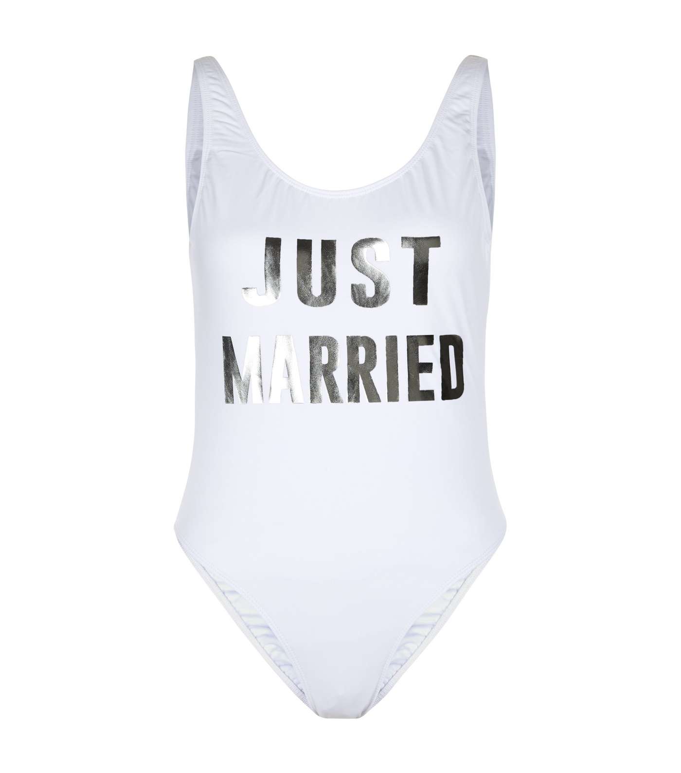 White Just Married Metallic Print Swimsuit Image 2