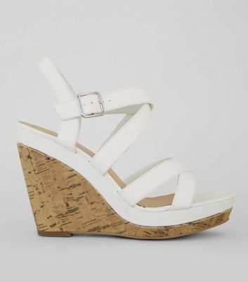 White Strappy Cork Wedge Heeled Sandals 